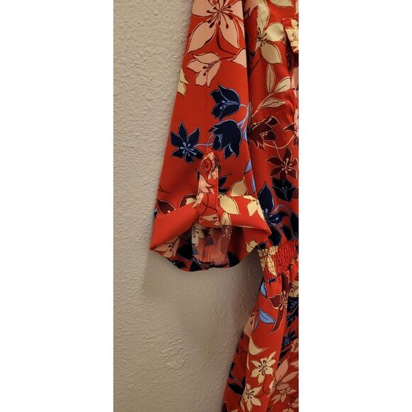 Millenium large women's red yellow blue floral Dress. Elastic Waist belt. Collar - Picture 7 of 7